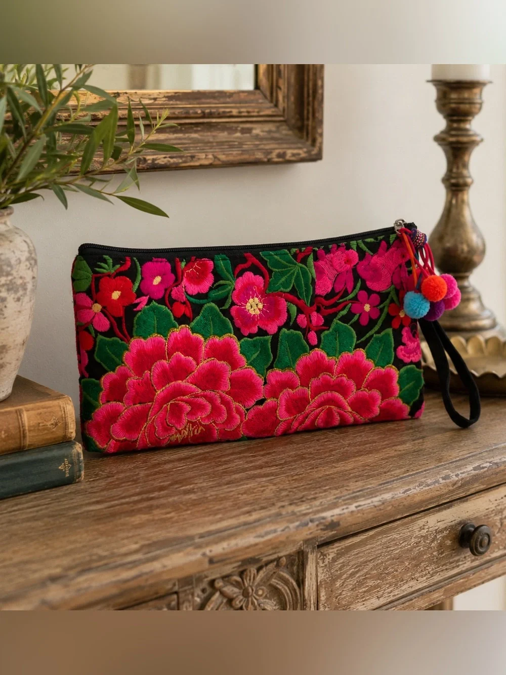 Boho Embroidered Floral Wristlet Clutch | Pom Pom Tassel | Artisan